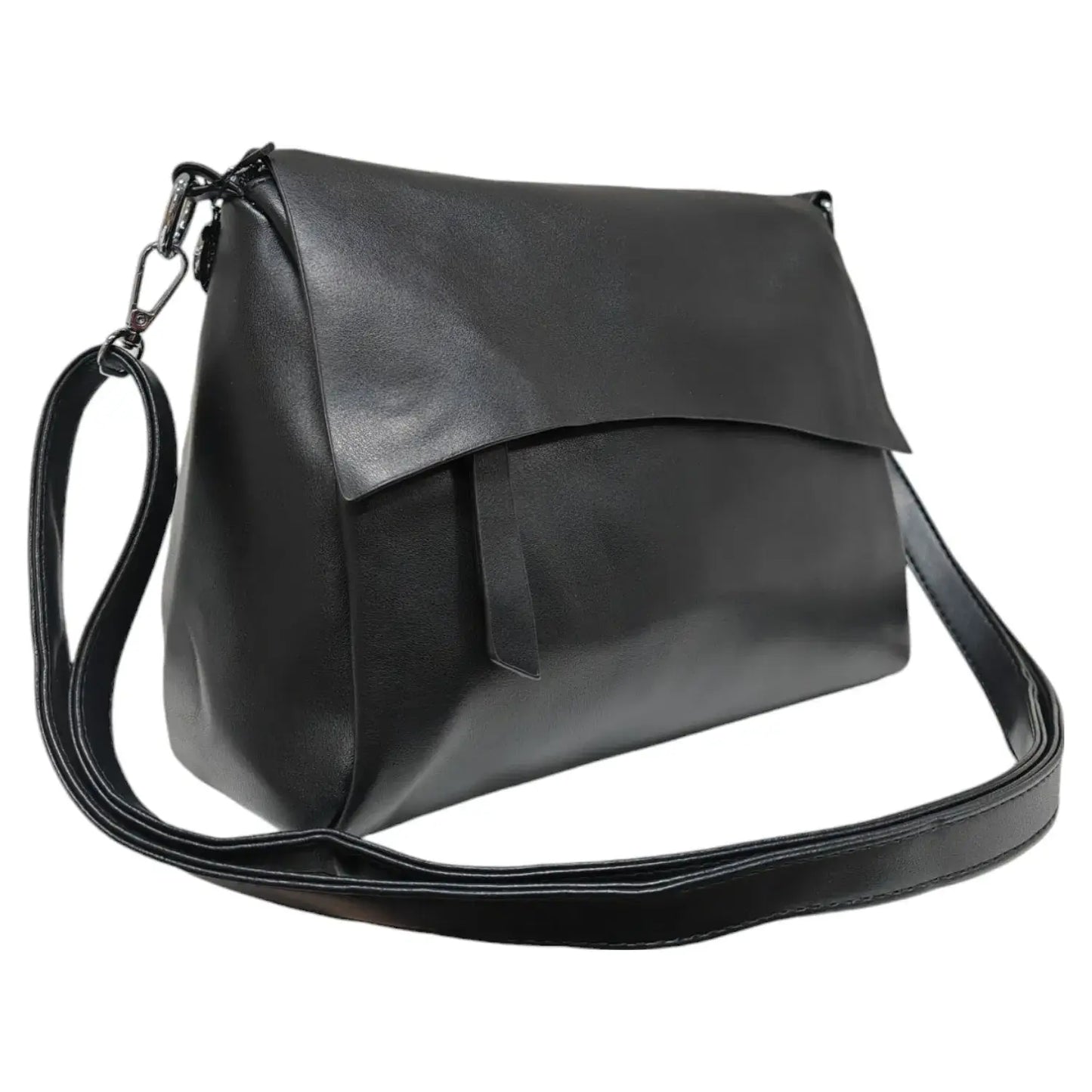Superbia - Super Soft Silver-toned Flap Over Shoulder Bag Messenger Bag: Black