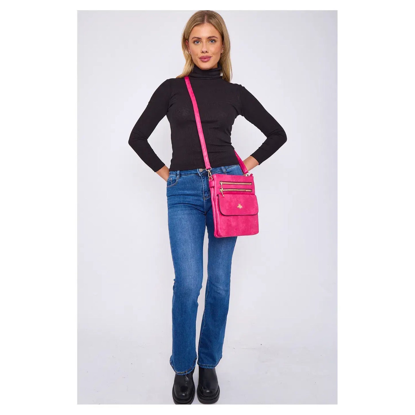 Double Zipper Multi Pocket Bee Details Cross BodyBag-9133: Blue