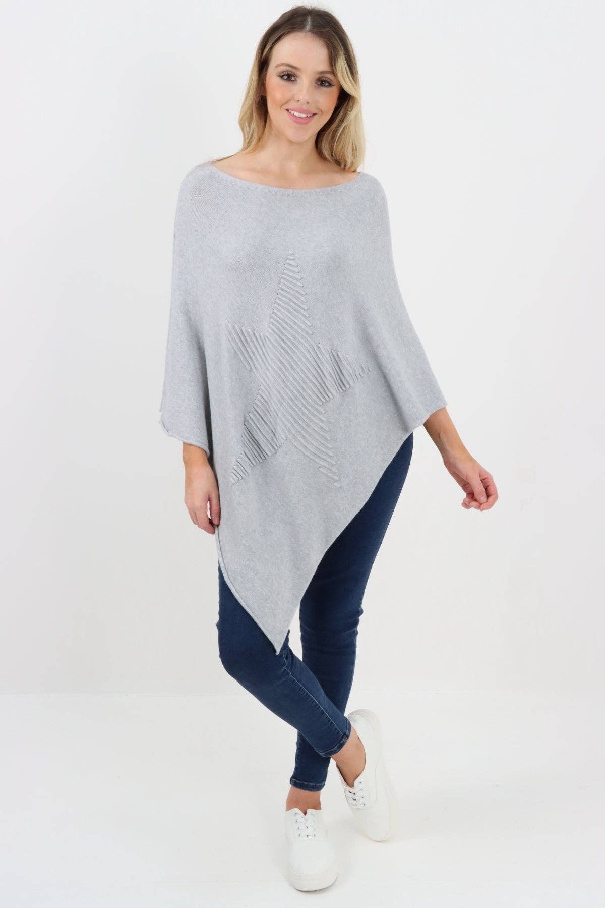 Italian Knitted Lagenlook Star Poncho: Beige / One Size To Fit UK 8-18