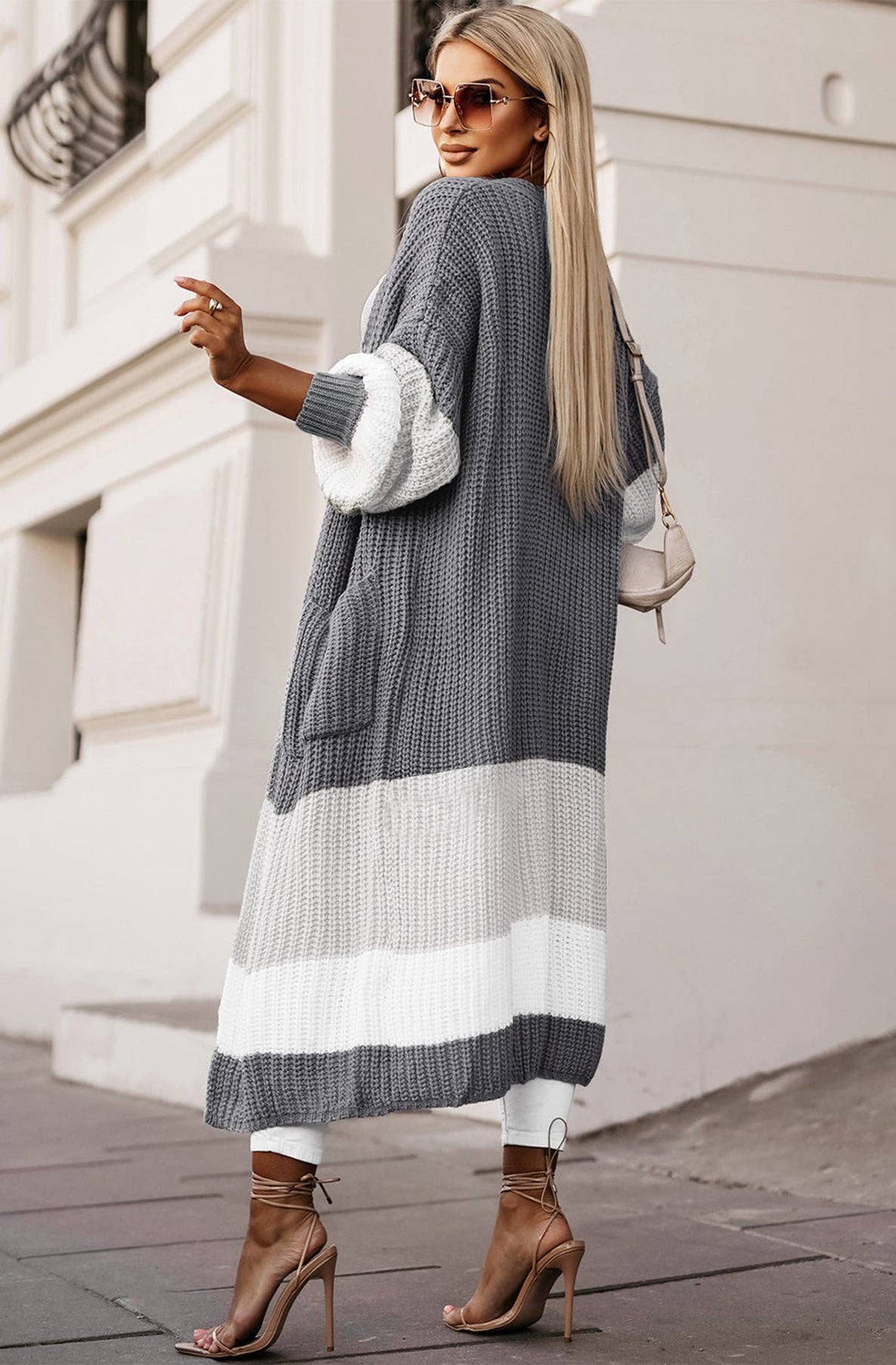 Zameka Longline Colour Block Knitted Cardigan-Grey: one size