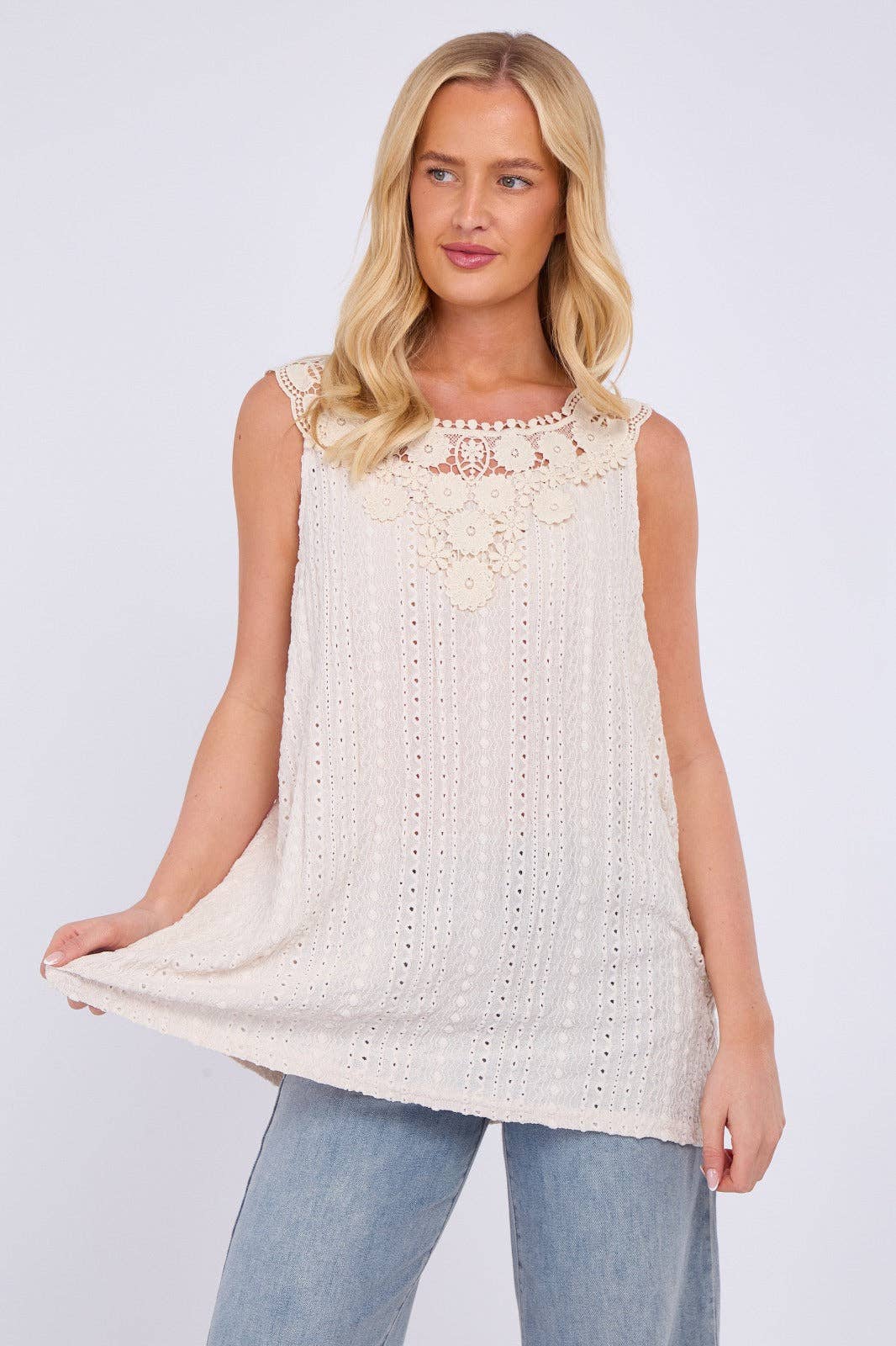 Embroidered Crochet Wide Lace Strap Vest Ladies Top: Sage / One Size To Fit UK 14 to 20