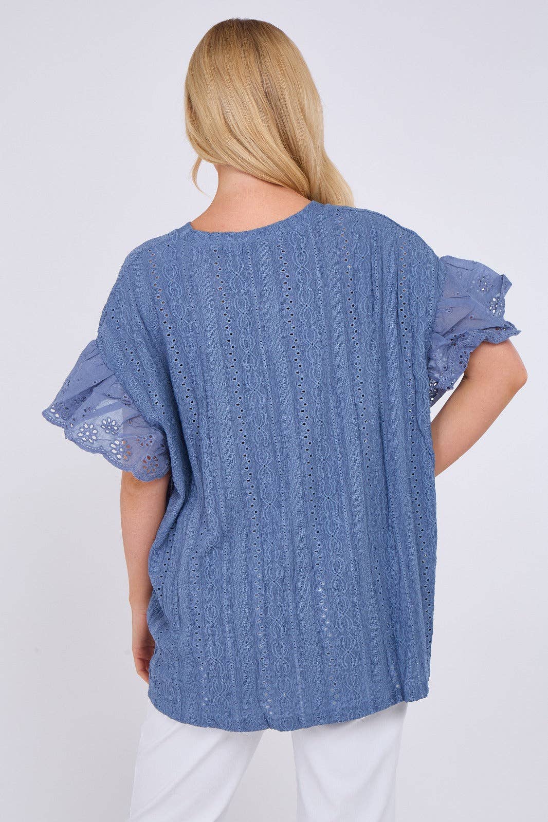 Crochet Embroidered Frill Sleeve Stretchable Top: Beige / One Size To Fit UK 12 to 18