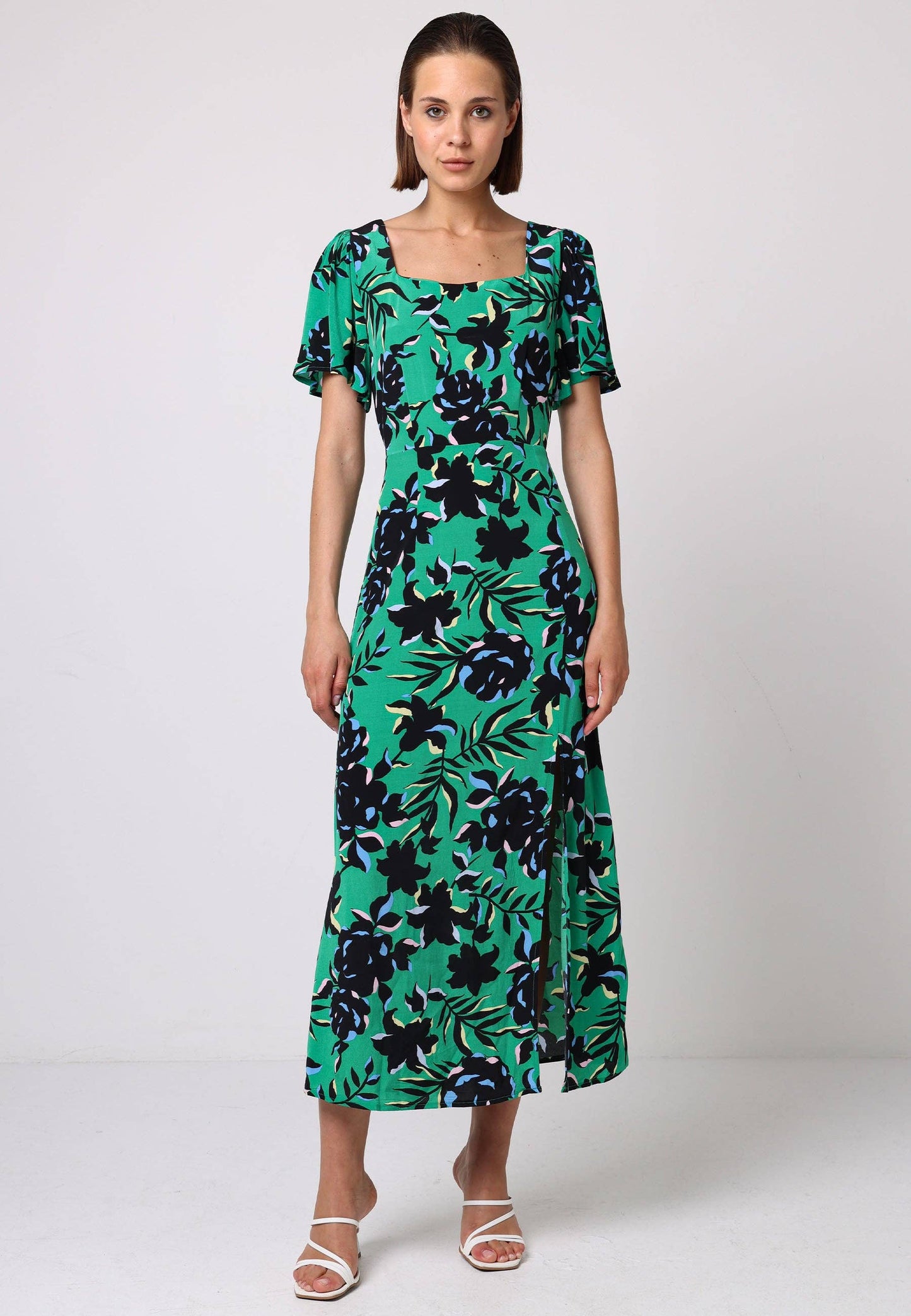 ANGELEYE - Angel Sleeves Green Midi Dress With Side Slit In Black Floral Print: M