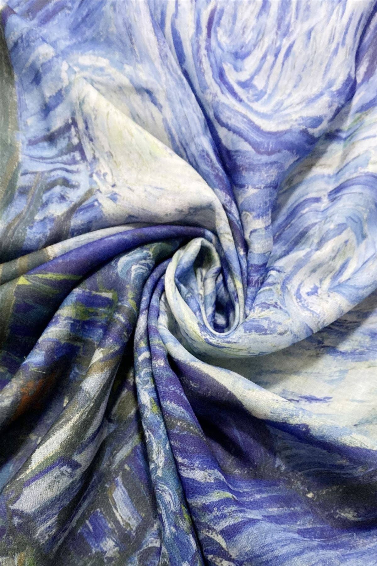 Van Gogh Starry Night Print Frayed Scarf: Blue