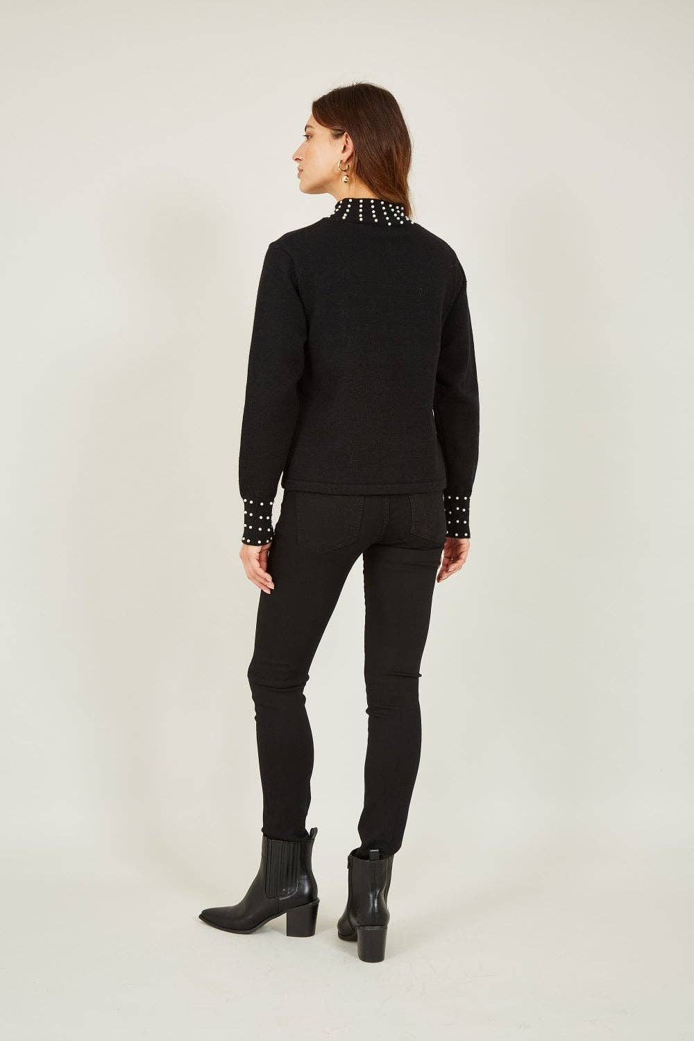 Yumi - Mela Black Pearl Detail High Neck Jumper: Black / L