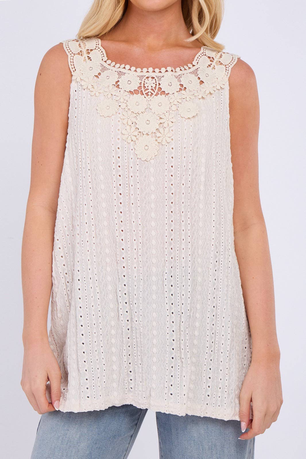 Embroidered Crochet Wide Lace Strap Vest Ladies Top: Sage / One Size To Fit UK 14 to 20
