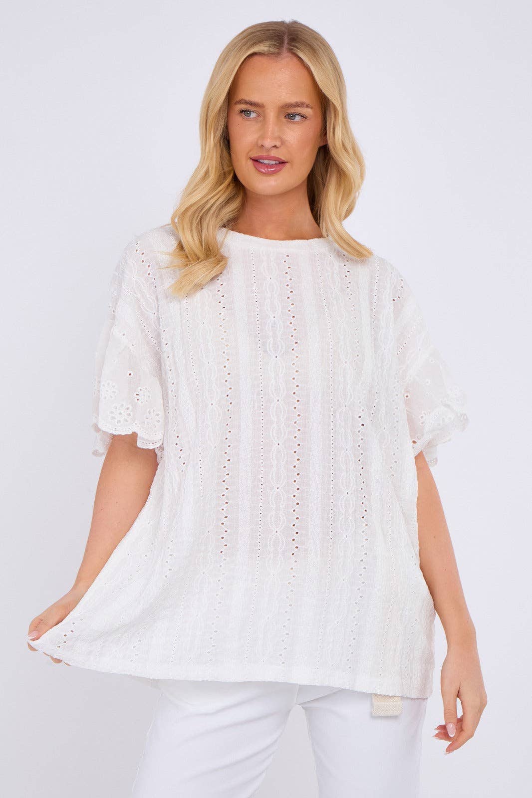 Crochet Embroidered Frill Sleeve Stretchable Top: Beige / One Size To Fit UK 12 to 18