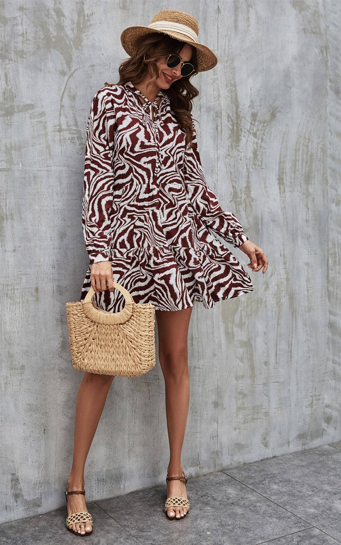FS Collection - Zebra Print Long Sleeve Smock Dress In White: M/L