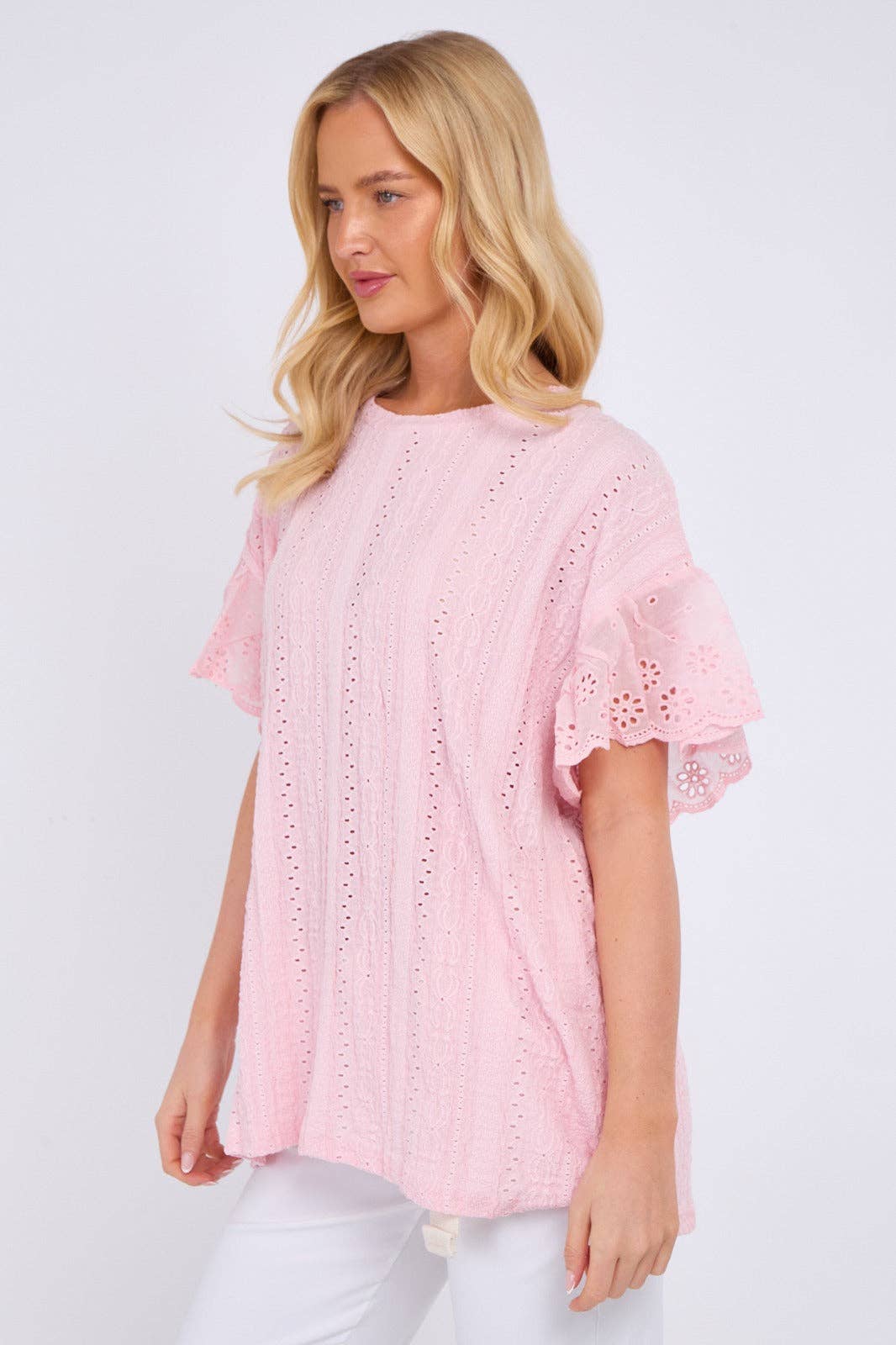 Crochet Embroidered Frill Sleeve Stretchable Top: Beige / One Size To Fit UK 12 to 18