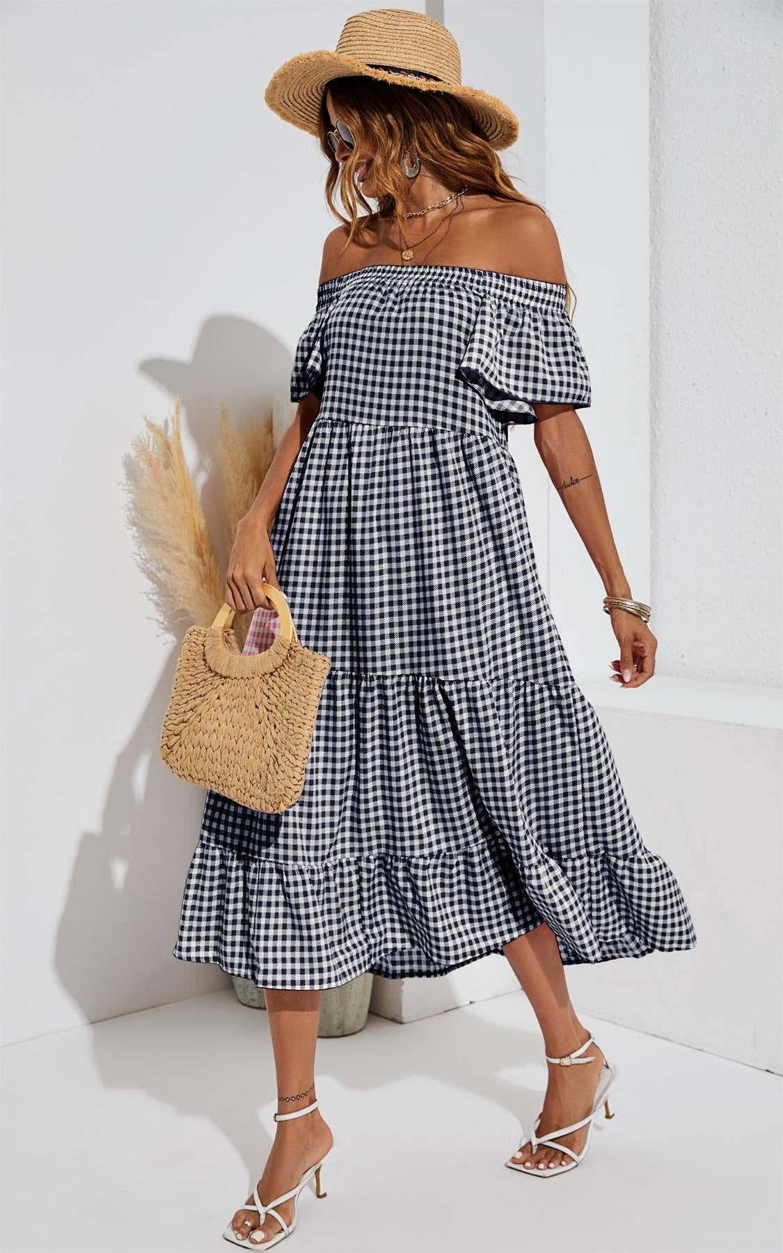FS Collection - Relaxed Off Shoulder Bardot Frill Midi Dress In Black: 10-12