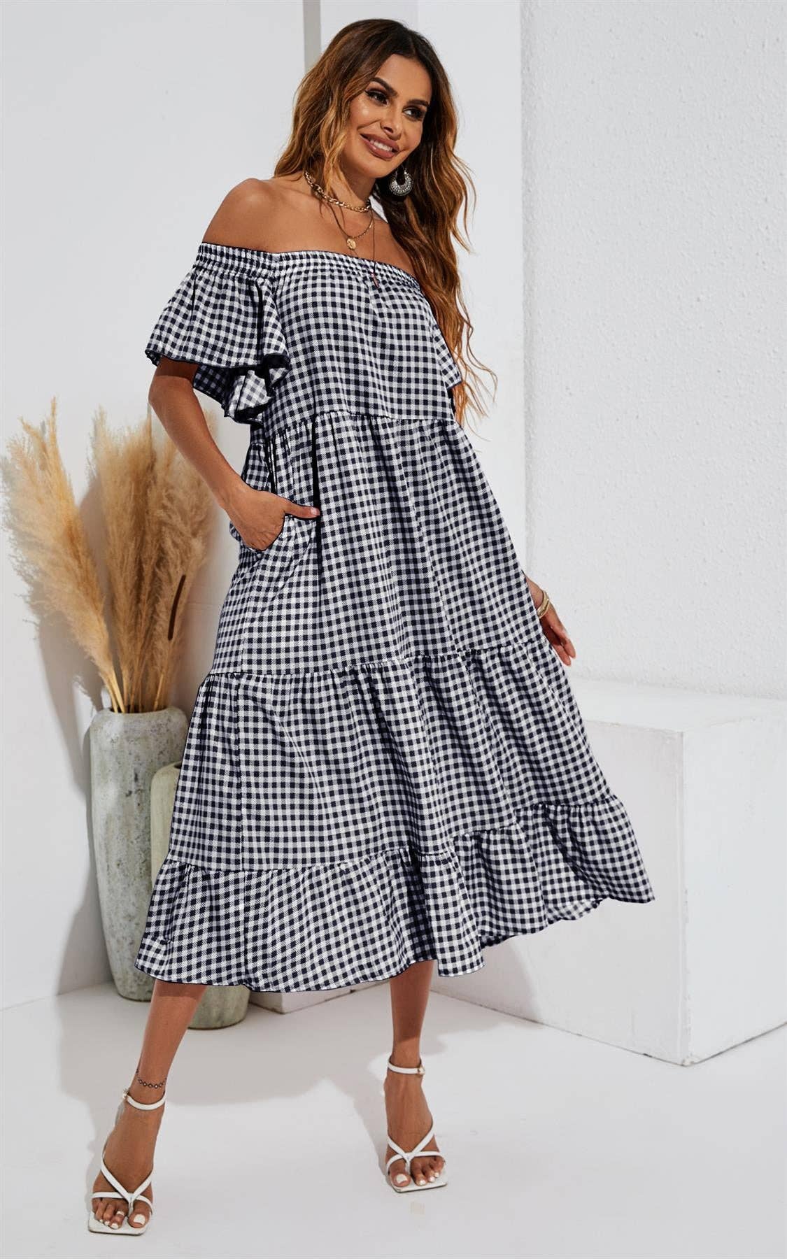 FS Collection - Relaxed Off Shoulder Bardot Frill Midi Dress In Black: 10-12