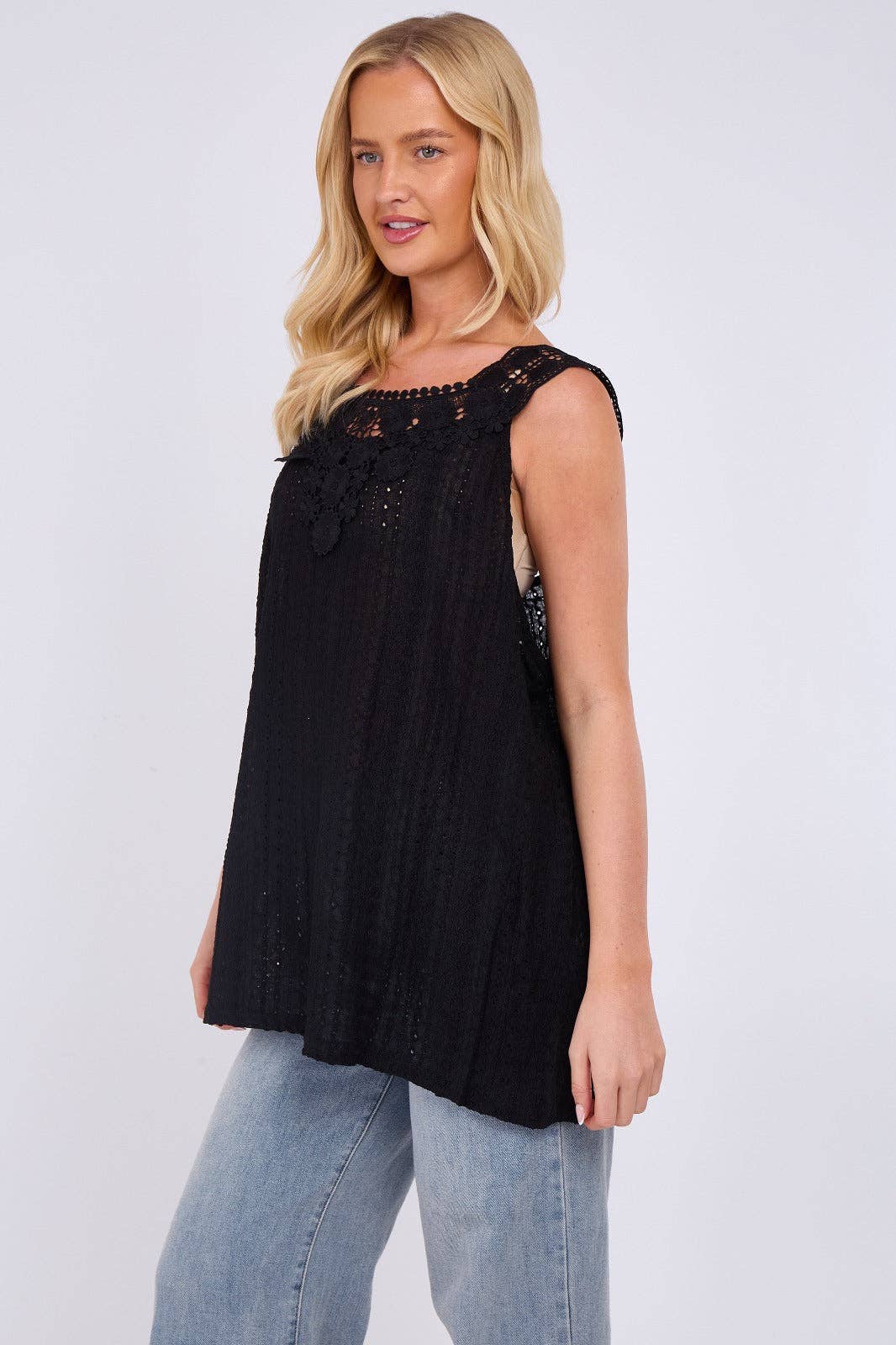Embroidered Crochet Wide Lace Strap Vest Ladies Top: Sage / One Size To Fit UK 14 to 20