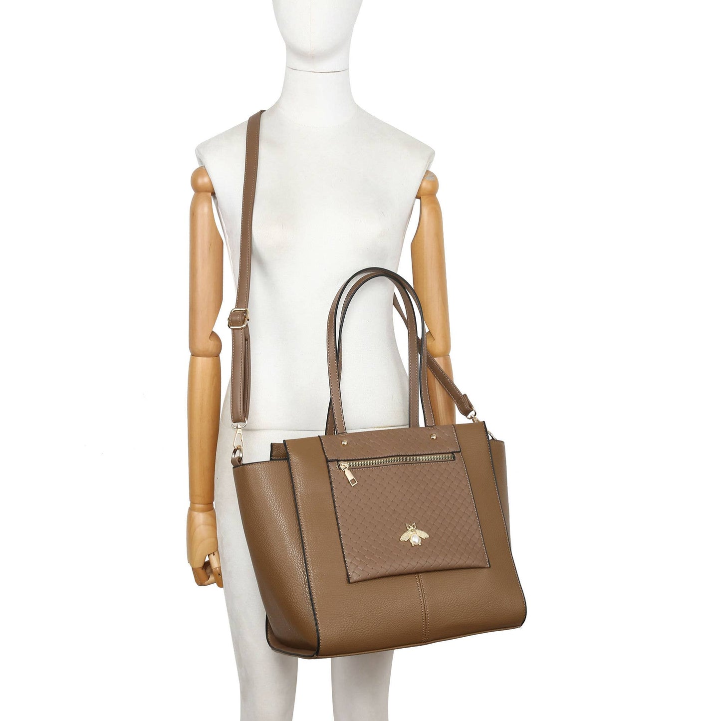 Bee Badge Zipped Pockets Top Zipped Tote Handbag: Brown