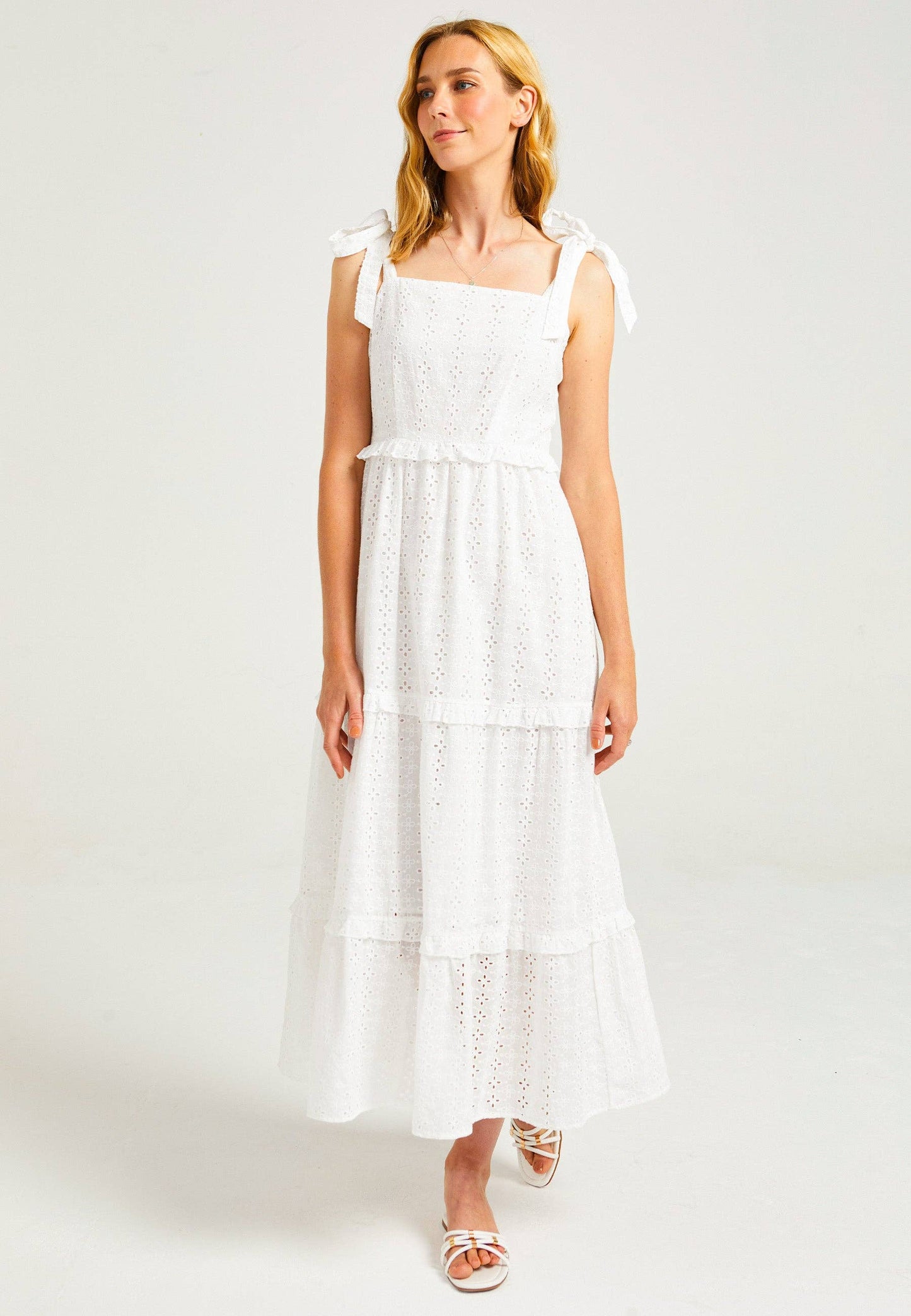 ANGELEYE - Strappy Tie White Maxi Broderie Tiered Dress: White / M
