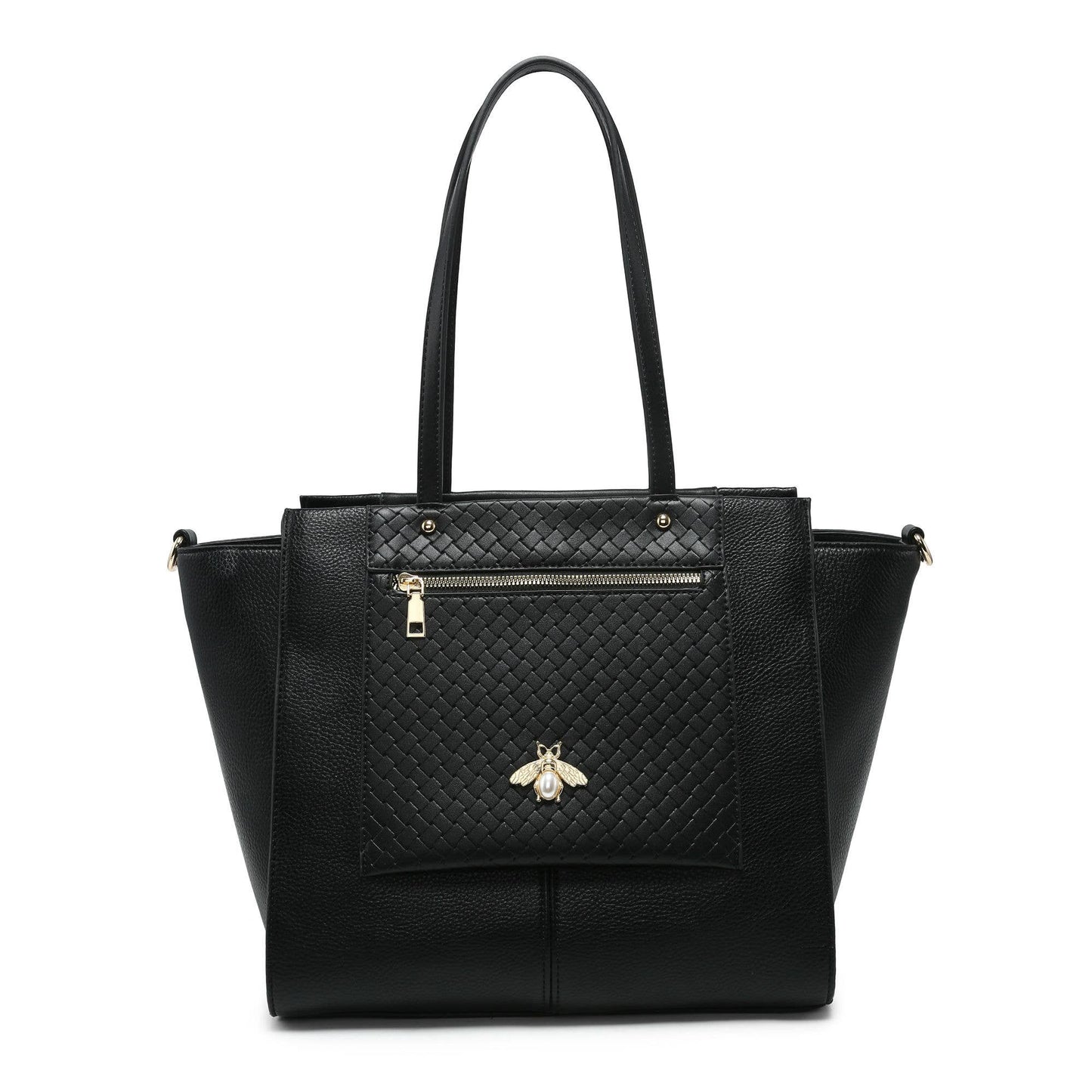 Bee Badge Zipped Pockets Top Zipped Tote Handbag: Brown