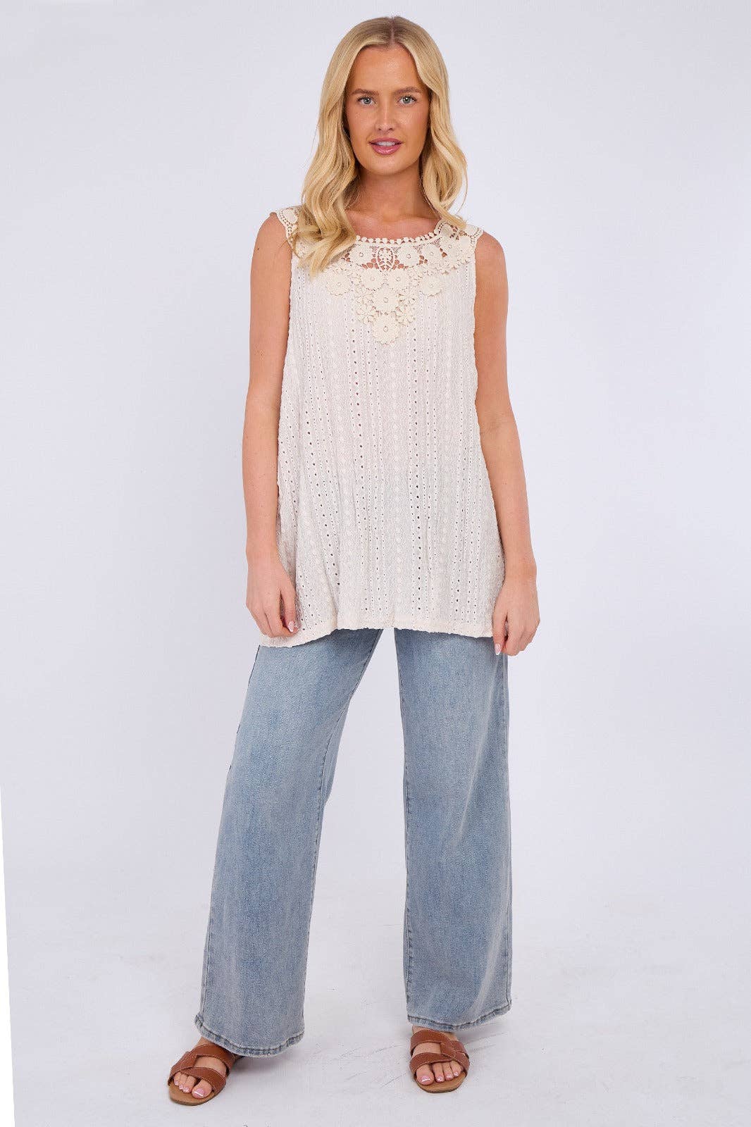 Embroidered Crochet Wide Lace Strap Vest Ladies Top: Sage / One Size To Fit UK 14 to 20