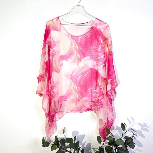 Tempest Designs - Sweeping lines digital print free size silk mix top (M): BLK