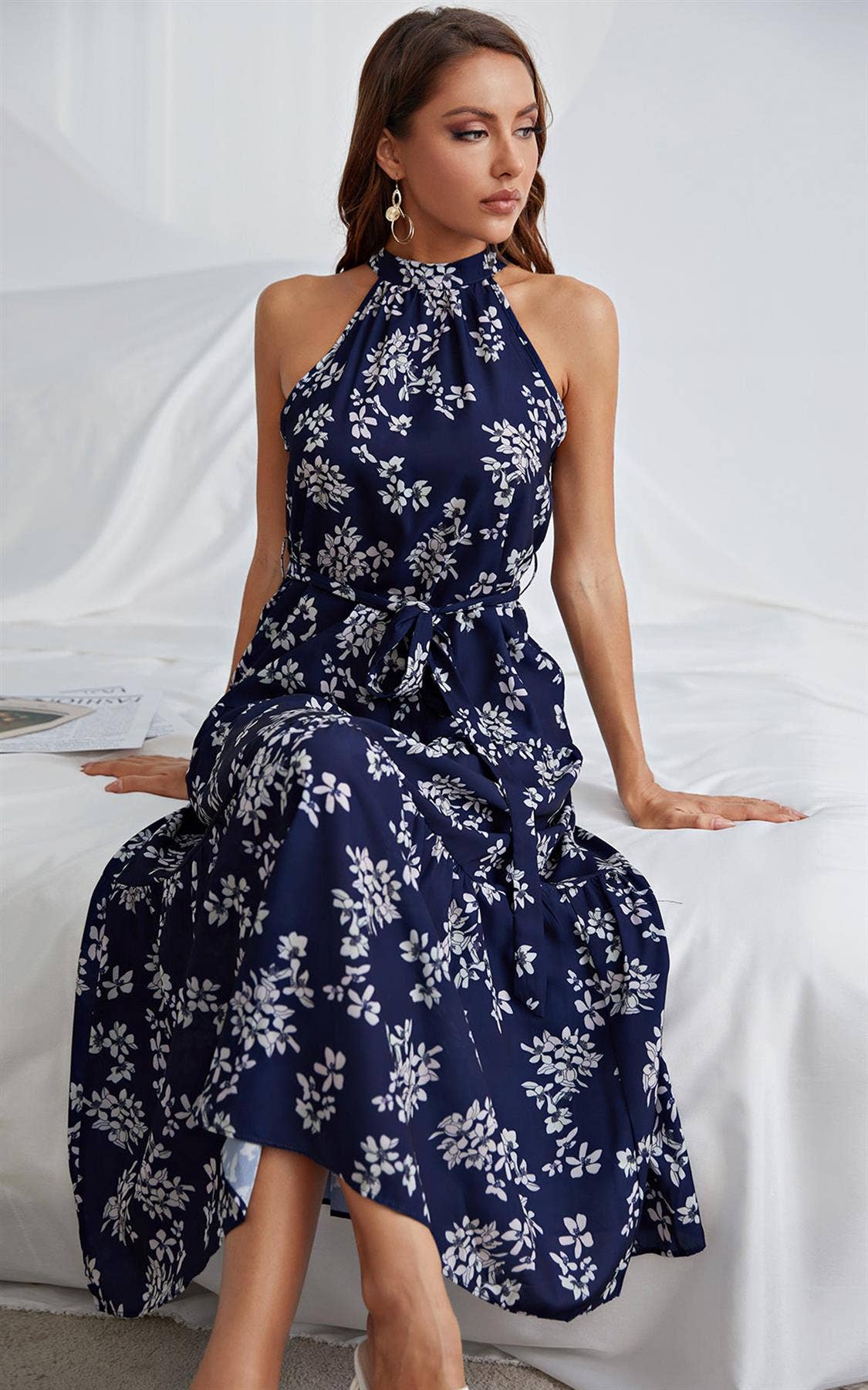 FS Collection - Halter Neck Midi Layer Dress In Nave & White Flora Print: L