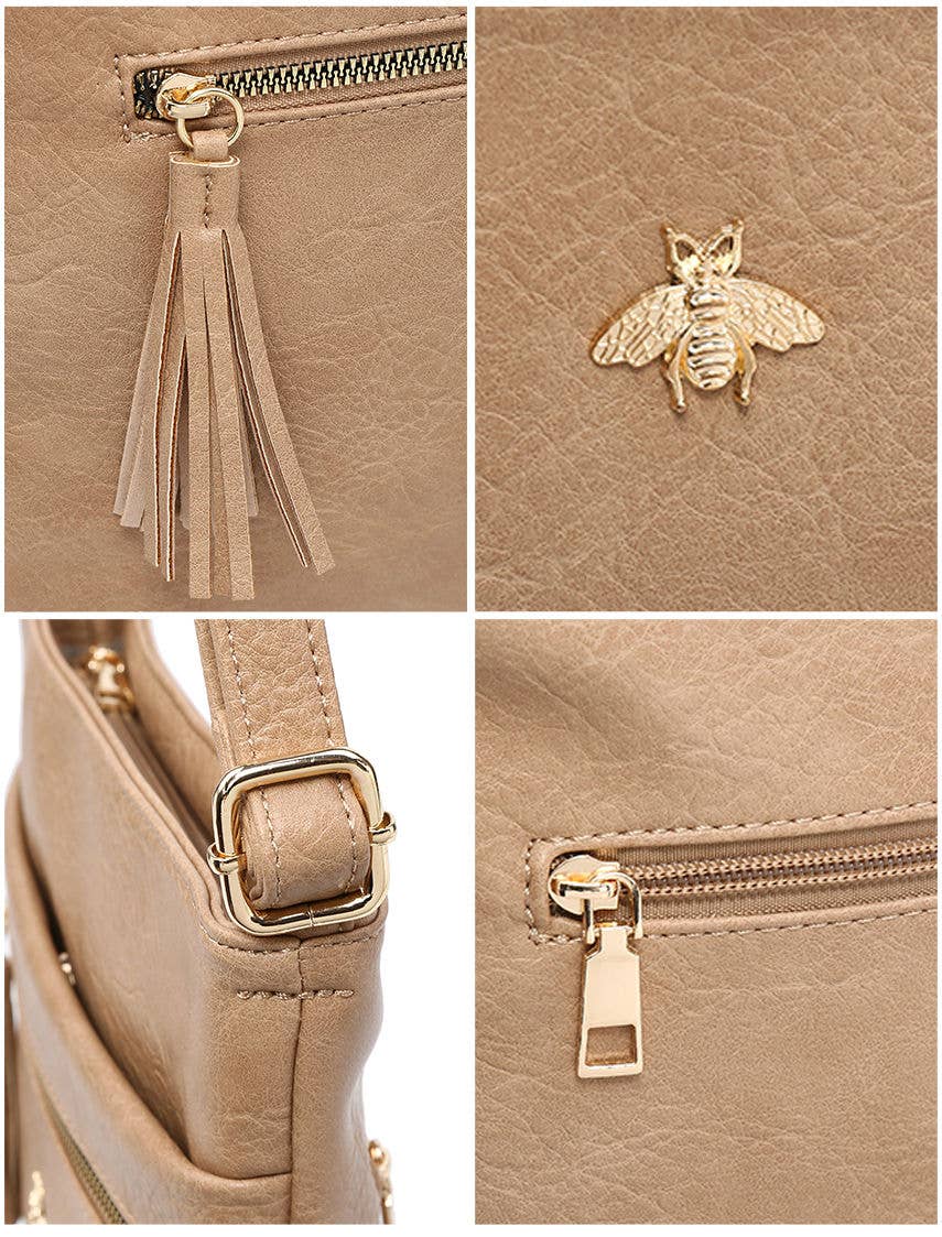 Cross Body Handbag with zip top sections: Brown