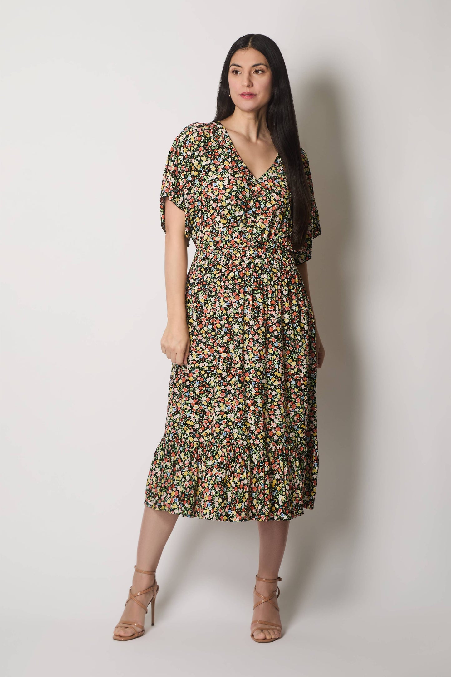 SOLO - Floral Print Midi Dress with Flutter Sleeves - Black: 16