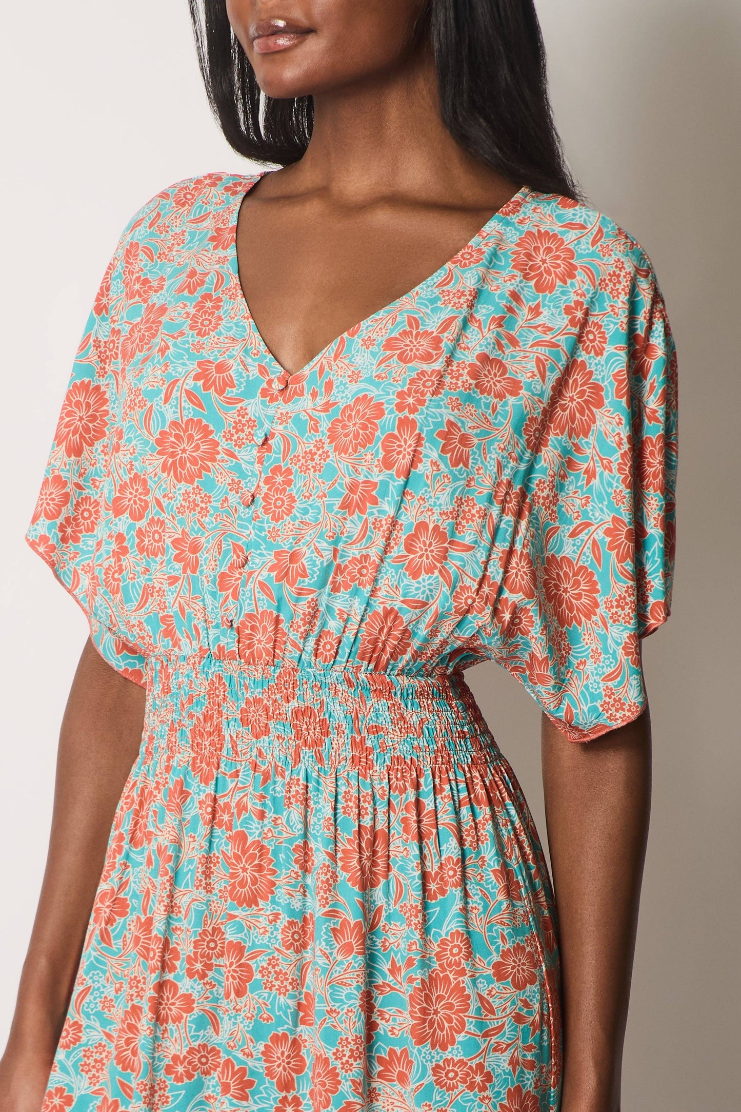SOLO - Floral Print Midi Dress with Flutter Sleeves - Orange: 14