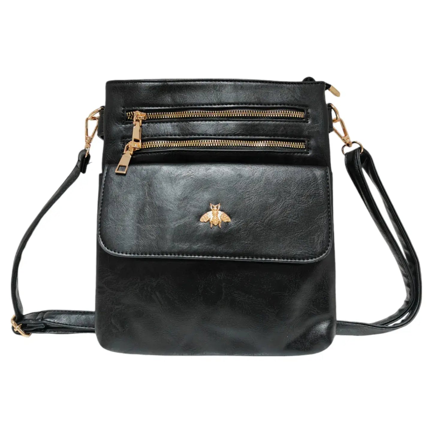 Double Zipper Multi Pocket Bee Details Cross BodyBag-9133: Black