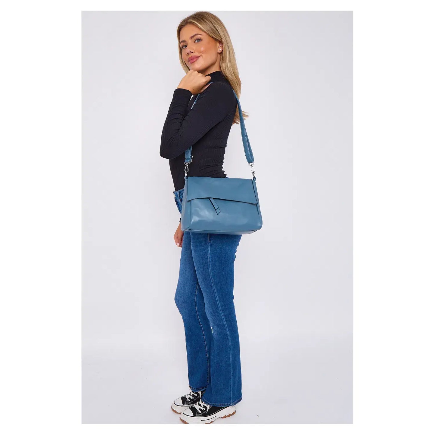 Super Soft Silver-toned Flap Over Shoulder Bag Messenger Bag: Black