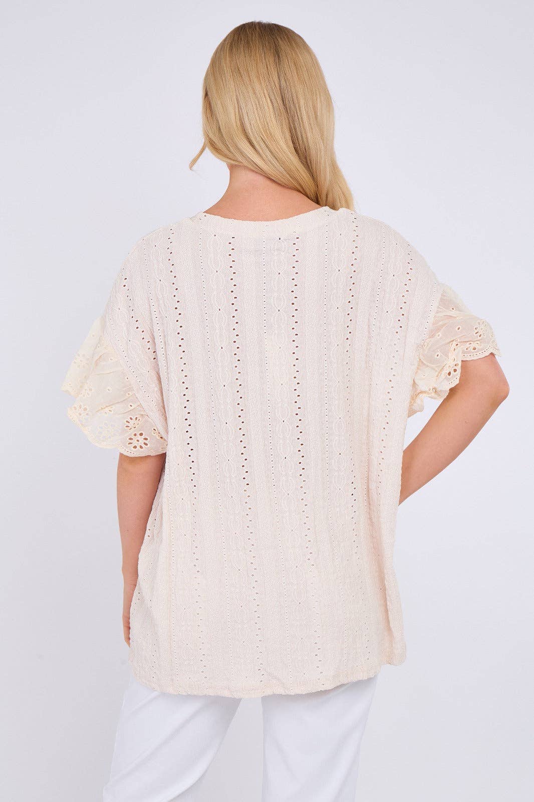 Crochet Embroidered Frill Sleeve Stretchable Top: Beige / One Size To Fit UK 12 to 18