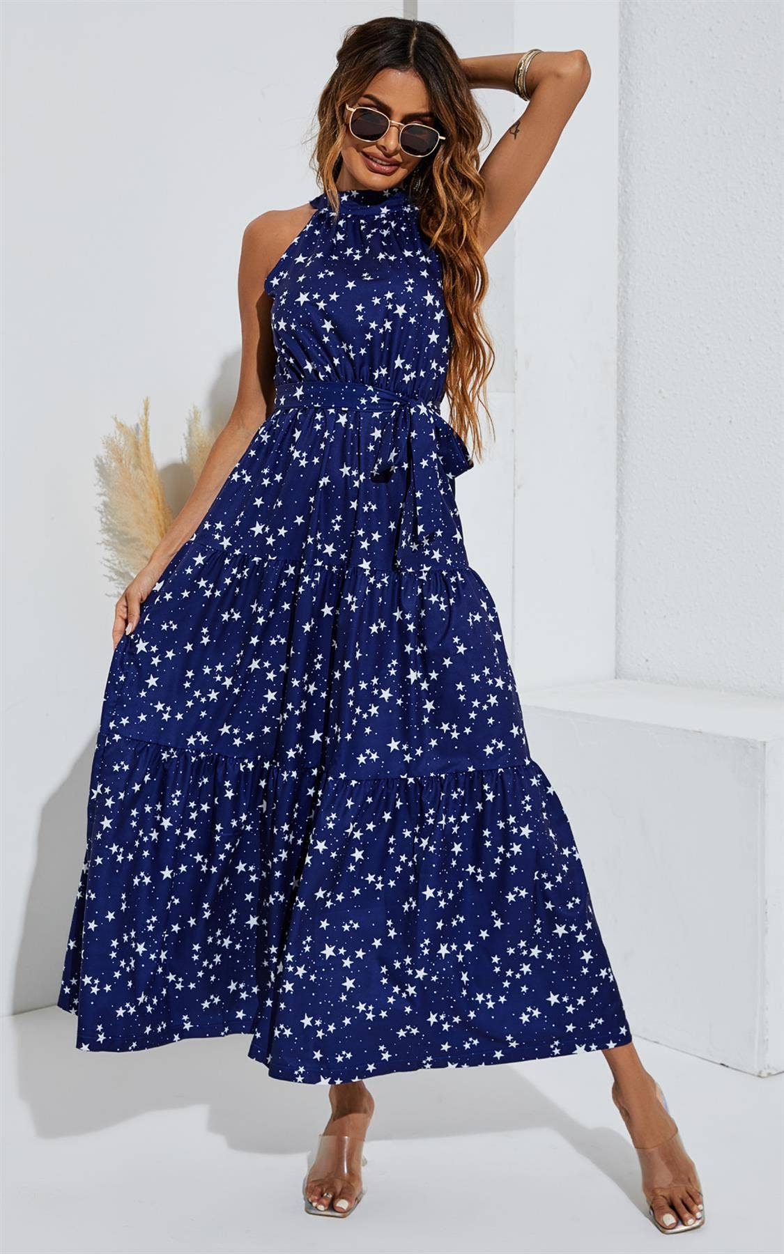 FS Collection - Night Sky Halter Neck Maxi Layer Dress In Navy & White Little Star: 12-14
