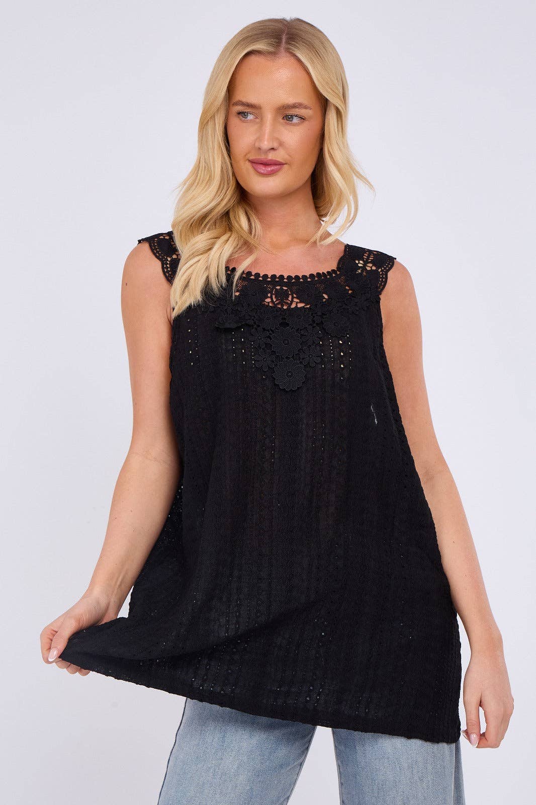 Embroidered Crochet Wide Lace Strap Vest Ladies Top: Sage / One Size To Fit UK 14 to 20