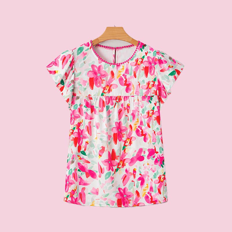MUWATI - Floral Print Flutter Sleeve Round Neck Casual Blouse: Rose / L