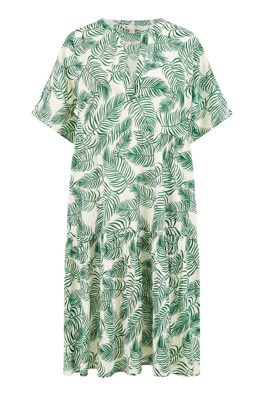 Yumi - Yumi Green Organic Cotton Palm Print Tiered Tunic Dress: Green / 14 UK