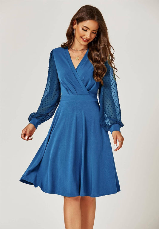 FS Collection - Long Chiffon Sleeve Pleated Midi Dress In Blue: Blue / XL