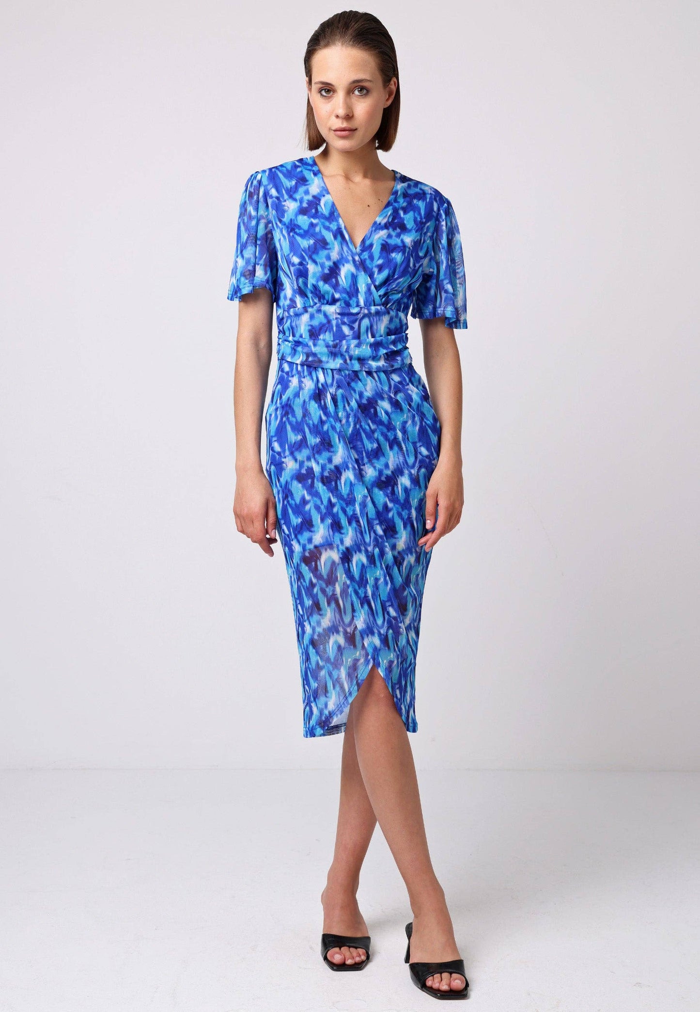 ANGELEYE - Angel Sleeve Wrap Fitted Mesh Midi Dress in Blue Print: S