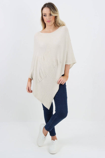 Italian Knitted Lagenlook Star Poncho: Beige / One Size To Fit UK 8-18