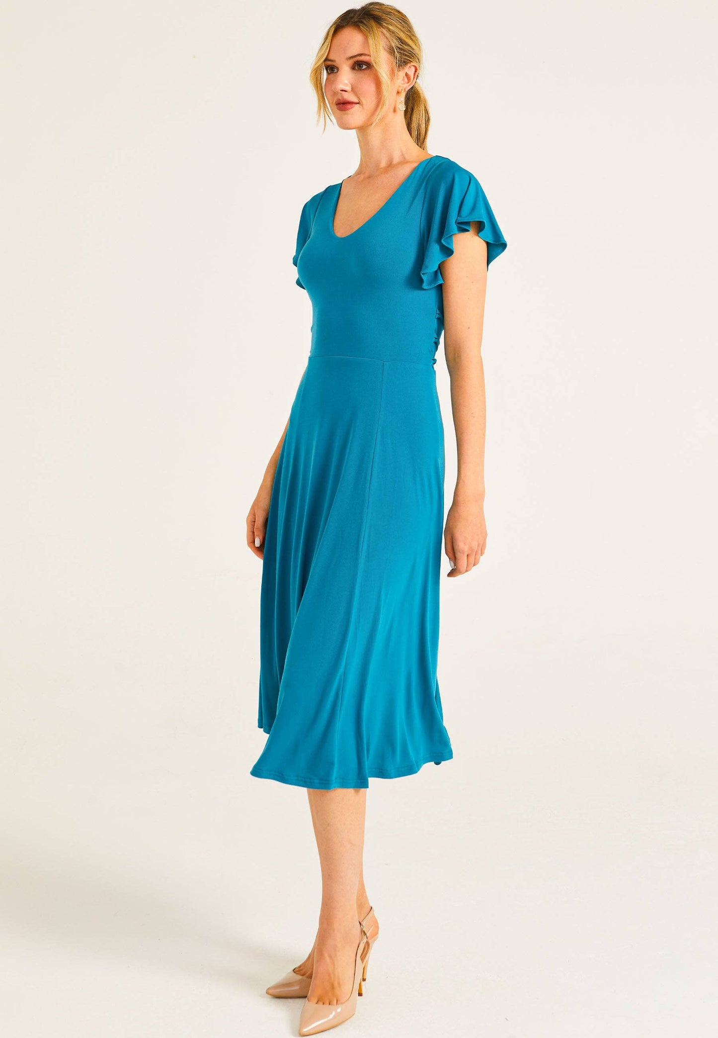 ANGELEYE - Reversible Midi Dress With Flutter Sleeves & Waist Tie In Teal: L