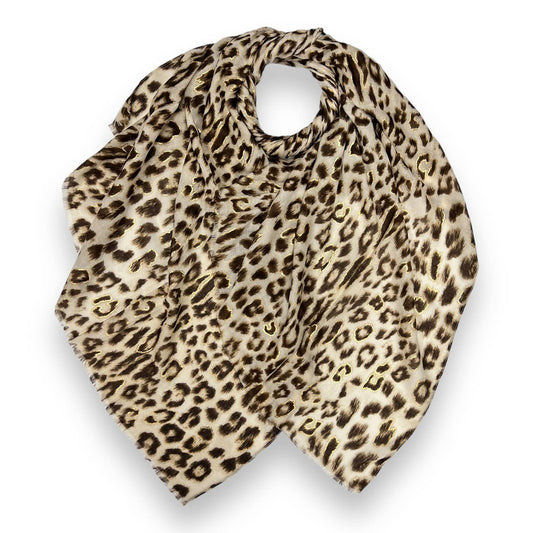 London Scarves - Leopard printed scarf with golden lines : Beige