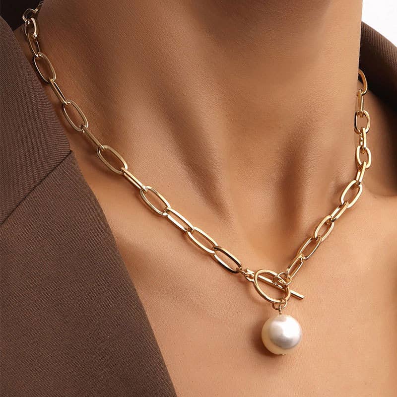 Pearl Drop Chain Necklace (Gold & Silver): Silver