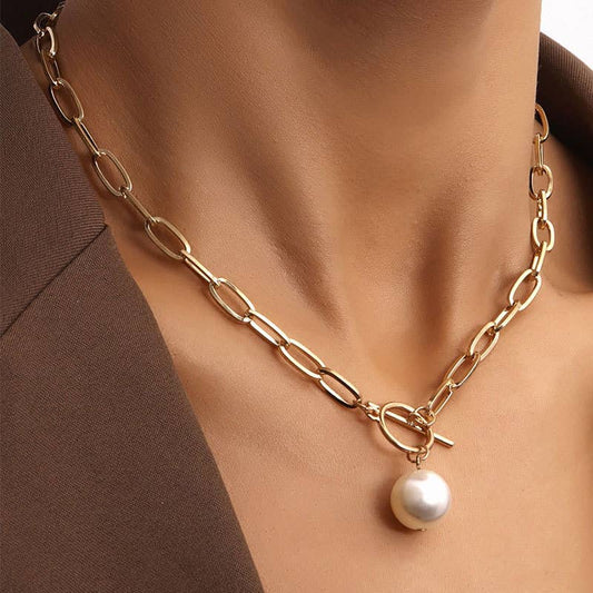 Pearl Drop Chain Necklace (Gold & Silver): Silver