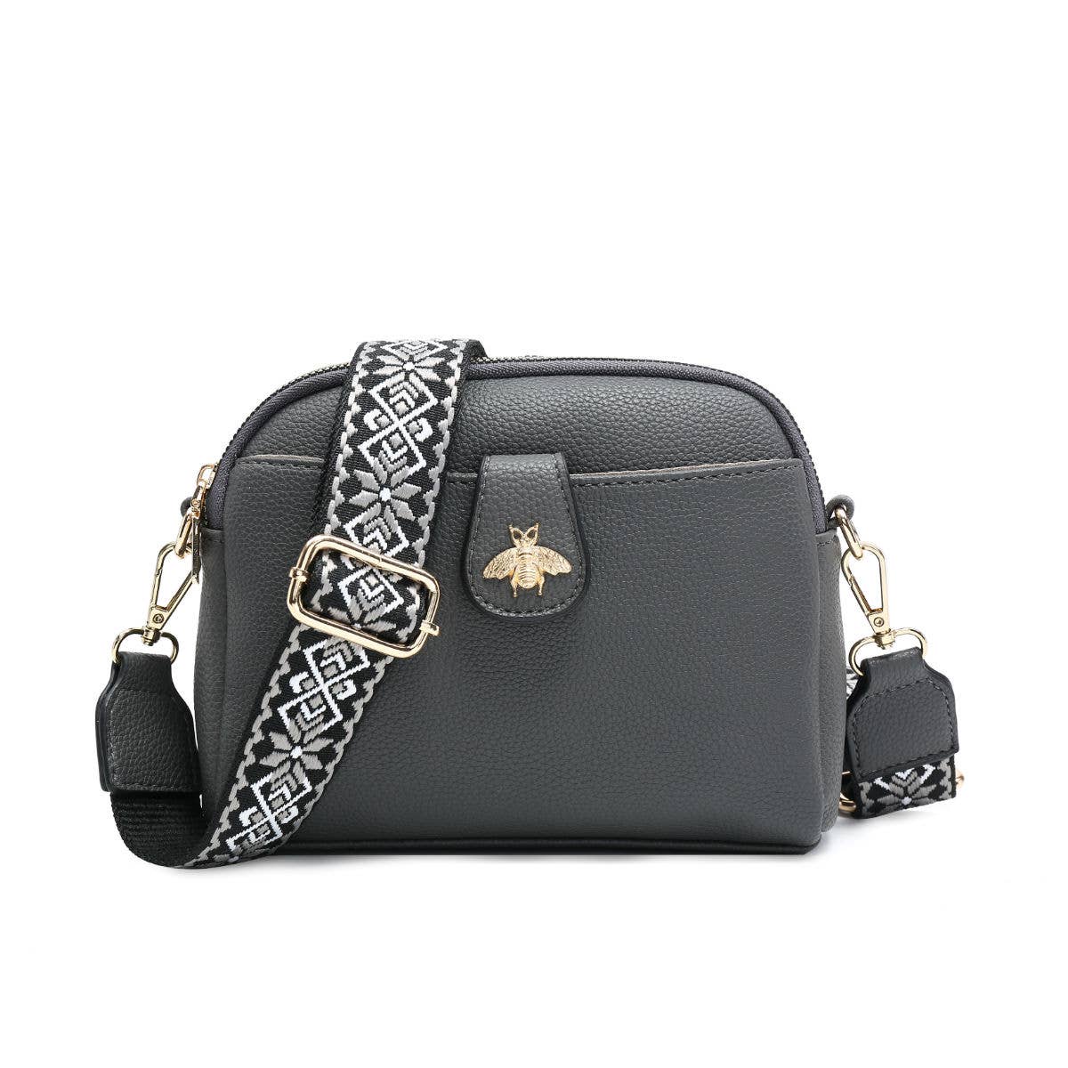 Cross Body Handbag with double zip top sections: Black