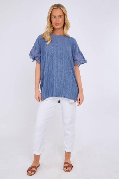 Crochet Embroidered Frill Sleeve Stretchable Top: Beige / One Size To Fit UK 12 to 18
