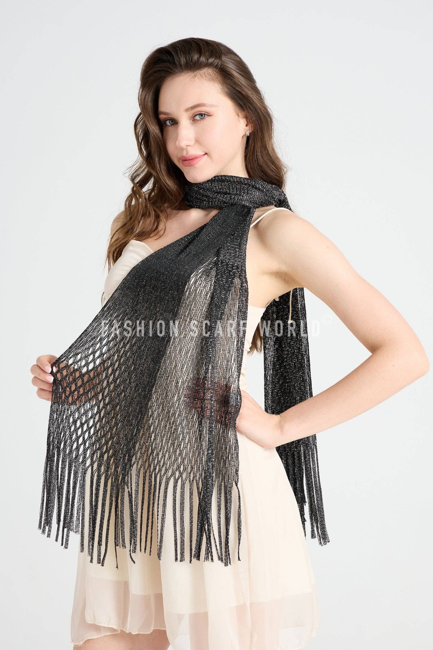 Fashion Scarf World - Summer Mesh Tassel Scarf/ Shawl: Black