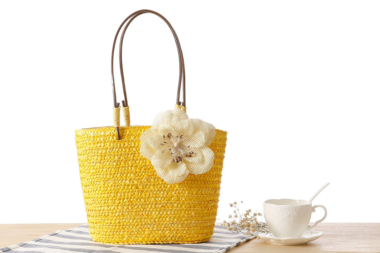 Superbia - Small Flower Bright Colors  Straw Basket Bag-Cl-27: Beige