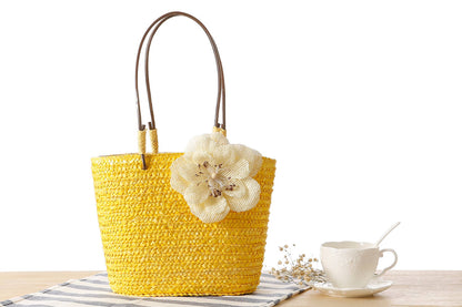 Superbia - Small Flower Bright Colors  Straw Basket Bag-Cl-27: Beige