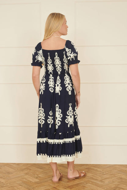 Yumi - Yumi Navy Block Print Viscose Ruched Midi Dress: Navy / 12
