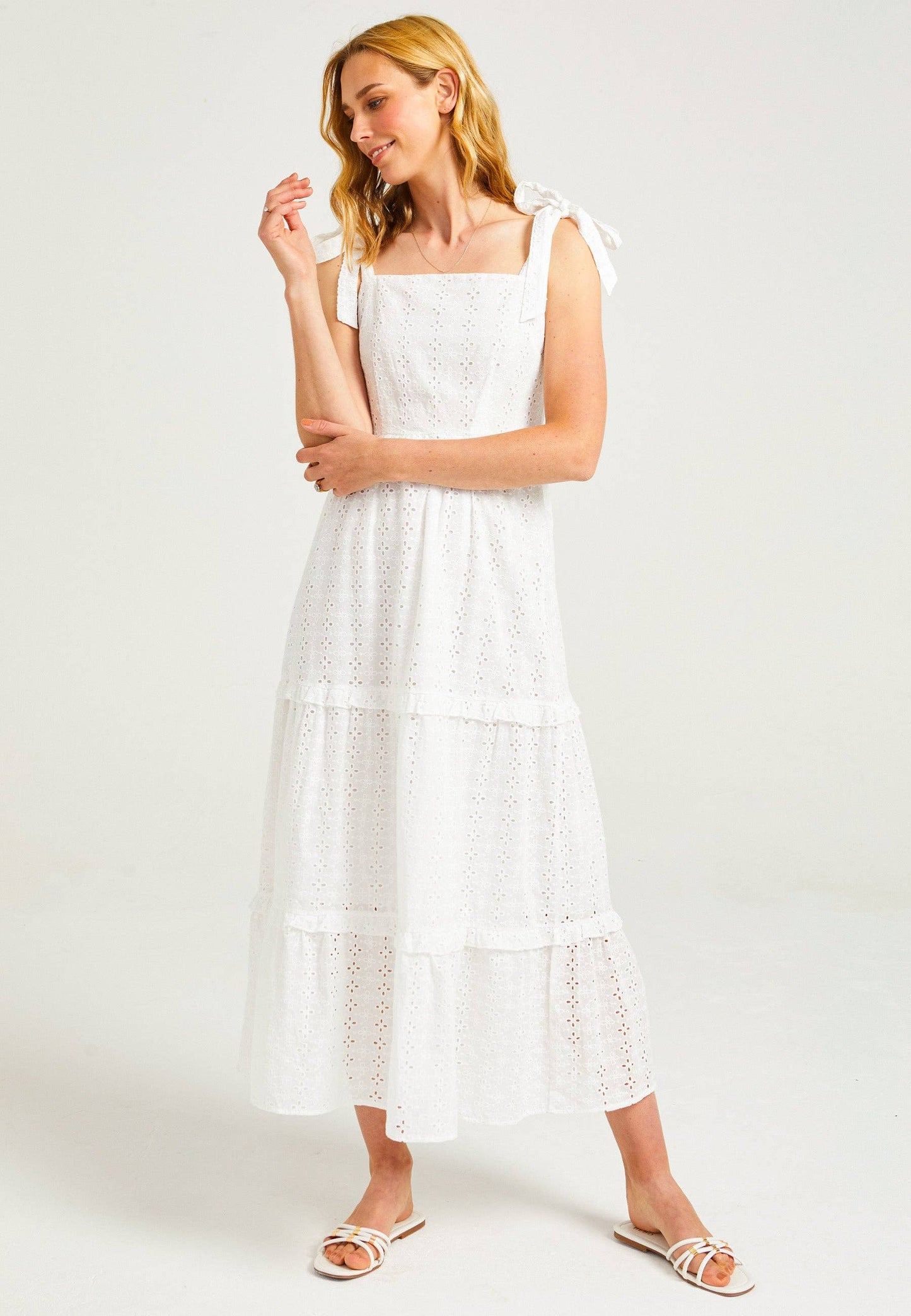 ANGELEYE - Strappy Tie White Maxi Broderie Tiered Dress: White / L