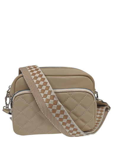 Superbia - Small Double Zipper Quilted Cross Body Shoulder Canvas Strap: Beige