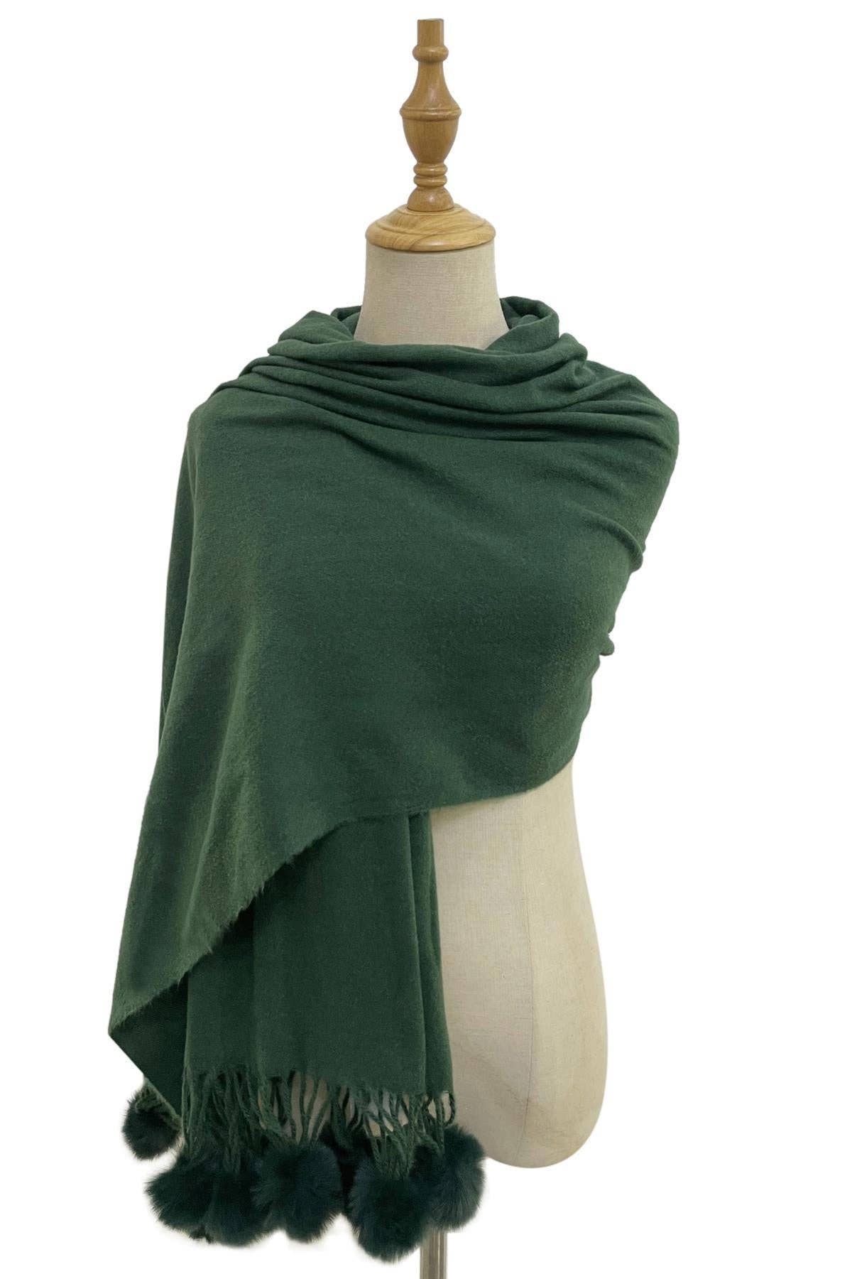 Fashion Scarf World - Plain Wool Pom Pom Scarf: Dark Green