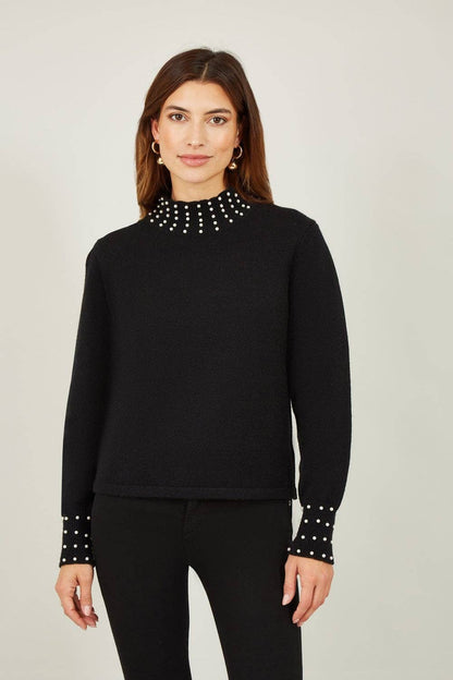 Yumi - Mela Black Pearl Detail High Neck Jumper: Black / L