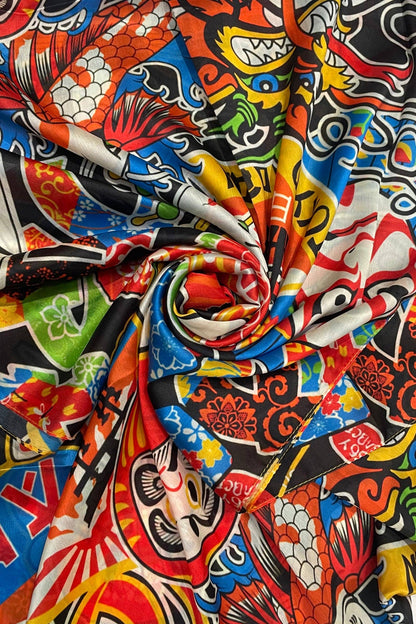 Fashion Scarf World - Japanese Cartoon Print Silk Scarf: Multi